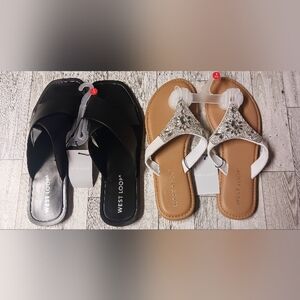 NWT 2 PAIR West Loop Women's Sandals  Size S 5/6 Black and White/Beige with Gems